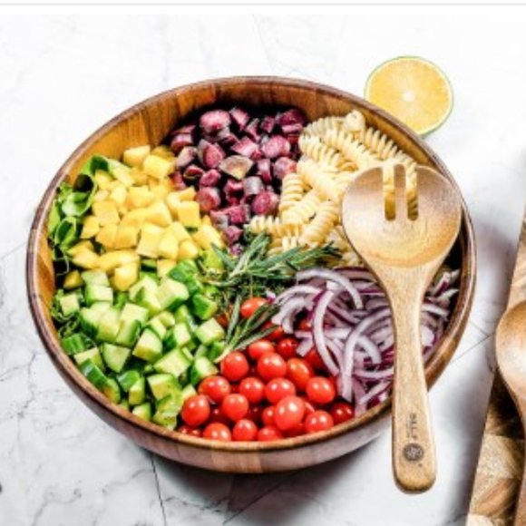 12'' Acacia Wood Salad Bowl Set - Large Salad Mixing Bowl w/ Spoon + Fork (3 pc) - Picture 8 of 15